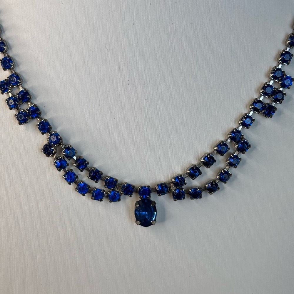 Stunning Antique Cornflower Blue Rhinestone Choker Necklace